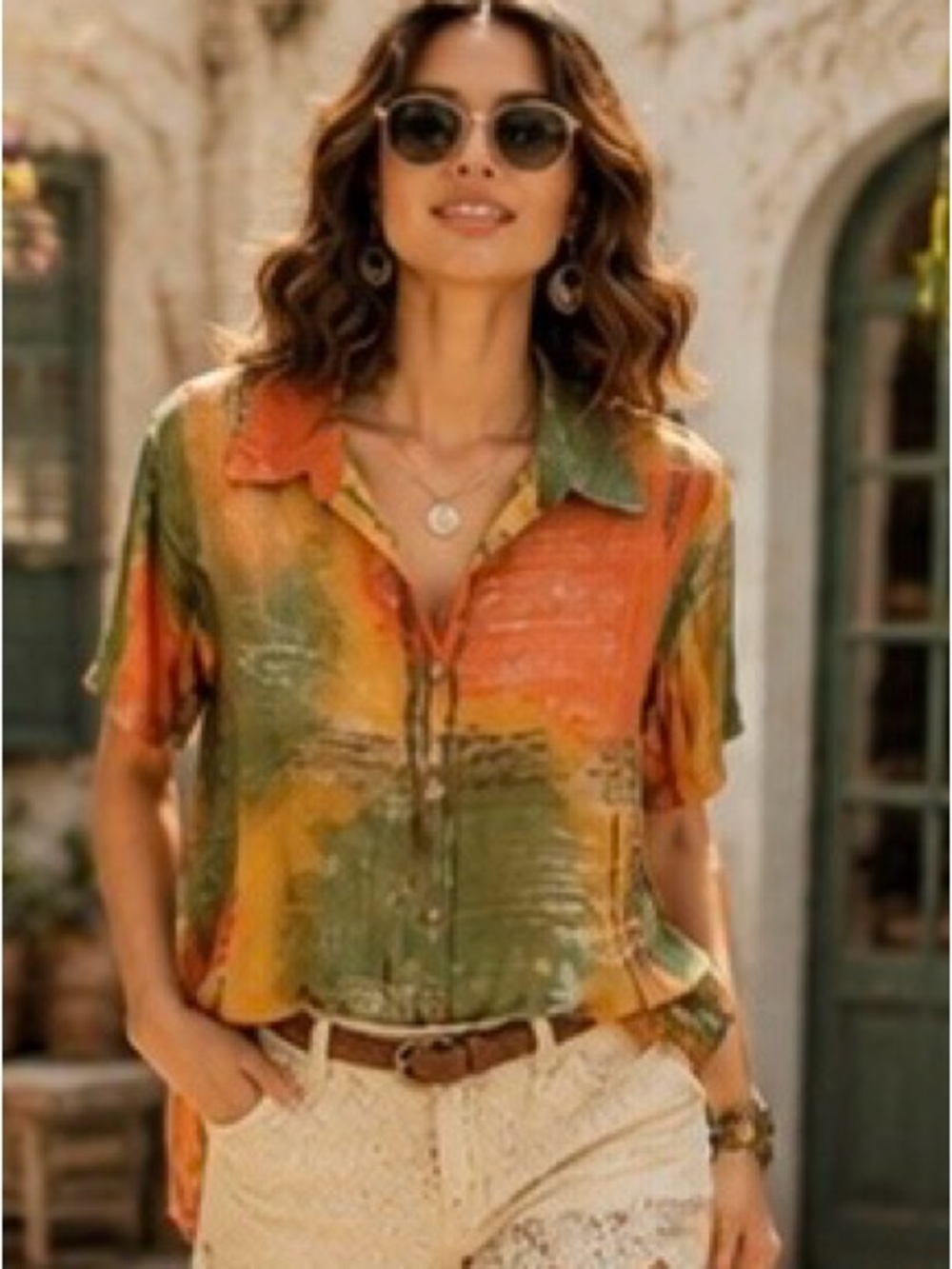 Vintage Debbie Shuchat for Como Artsy Earth Tone Abstract Button Front Top Sz 14